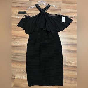 Tadashi shoji cold-shoulder halter black knee length dress